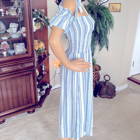 Ocean Drive Jumpsuit 100% Rayon Blue & White Striped Bow Ties Open Shoulder - Picture 11 of 15